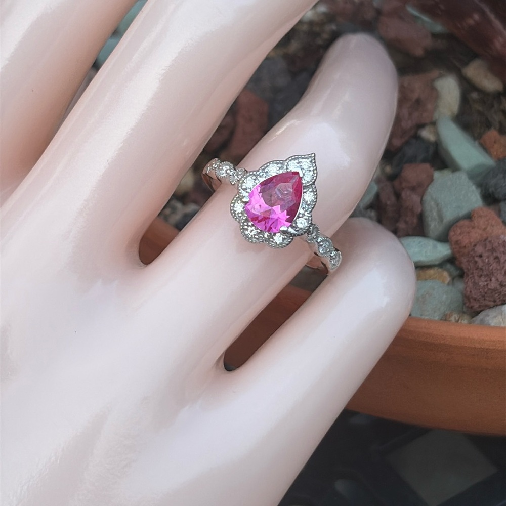 Pear Cut 1.25 tcw Genuine Pink Sapphire & Diamond Ring Sterling Silver Size 7